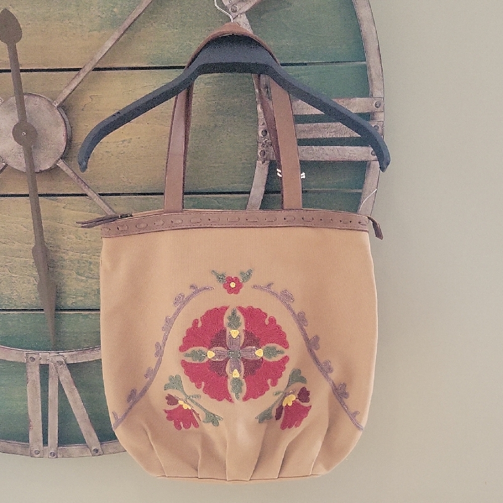 Lucky Brand Tote With Embroidered And Leather Trim Details